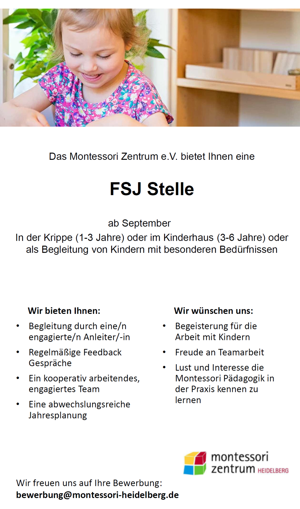 FSJ Stelle, Kinderhaus, ab September 2022 (m/w/d) – Montessori Zentrum Heidelberg